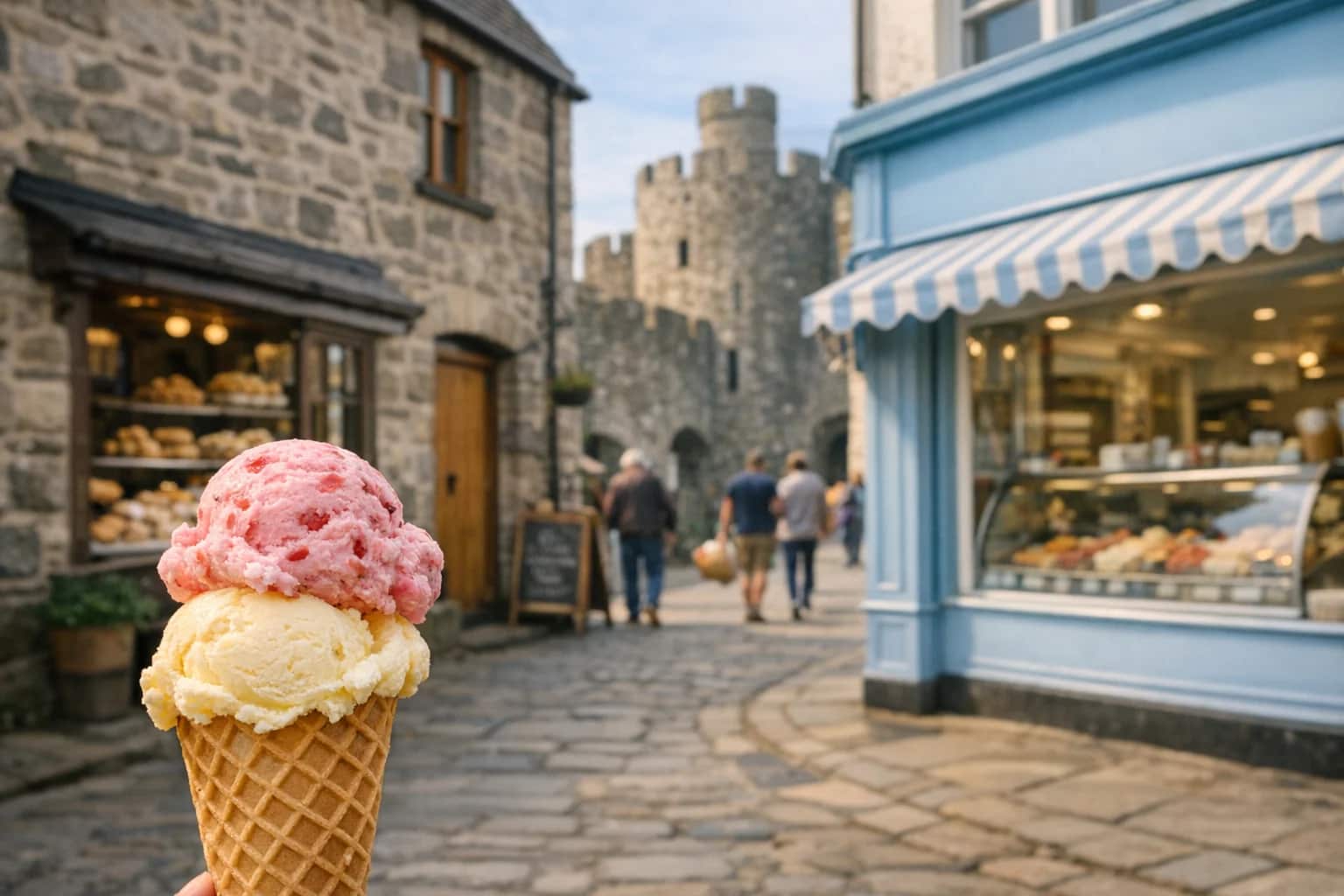 Mae strydoedd hanesyddol Conwy yn cuddio rhai o ddanteithion melys gorau Gogledd Cymru