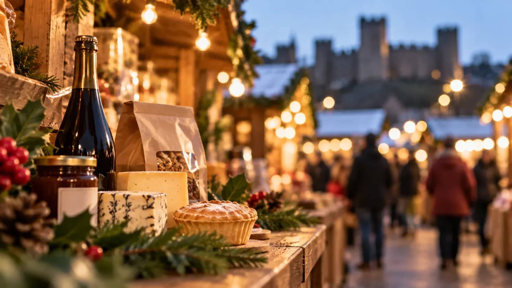 Welsh Christmas market stall displaying cheese, pies, preserves and bottled drinks, with festive lights and a castle in the background.