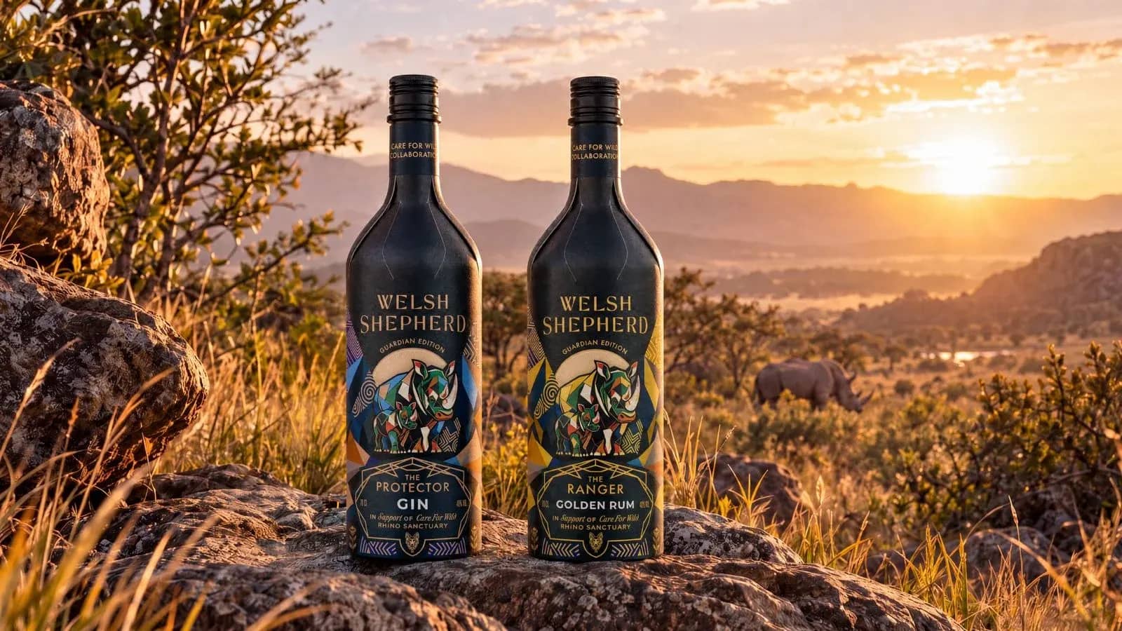 Poteli Protector Gin a Ranger Golden Rum gan Welsh Shepherd Spirits wedi’u harddangos ar greigiau gyda golygfa dros dirwedd Affricanaidd wrth fachlud haul.