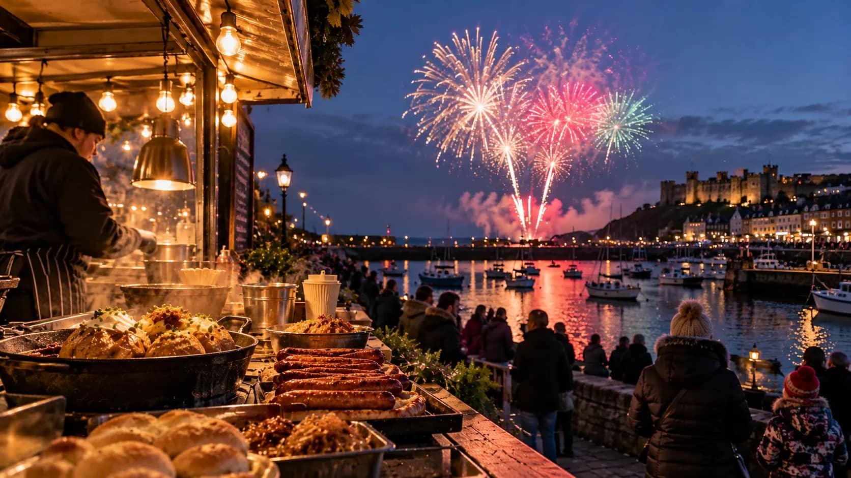 Street food stall serving sausages and jacket potatoes at a Welsh harbour, with fireworks lighting up the evening sky and spectators watching along the waterfront.